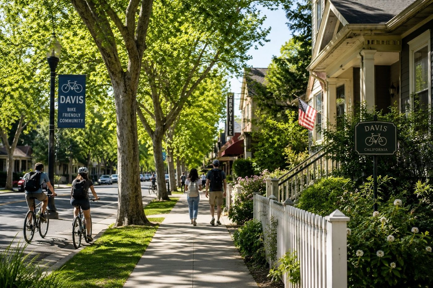 A tree-lined, bike-friendly downtown Davis sidewalk with cyclists and a Davis bike-friendly community banner