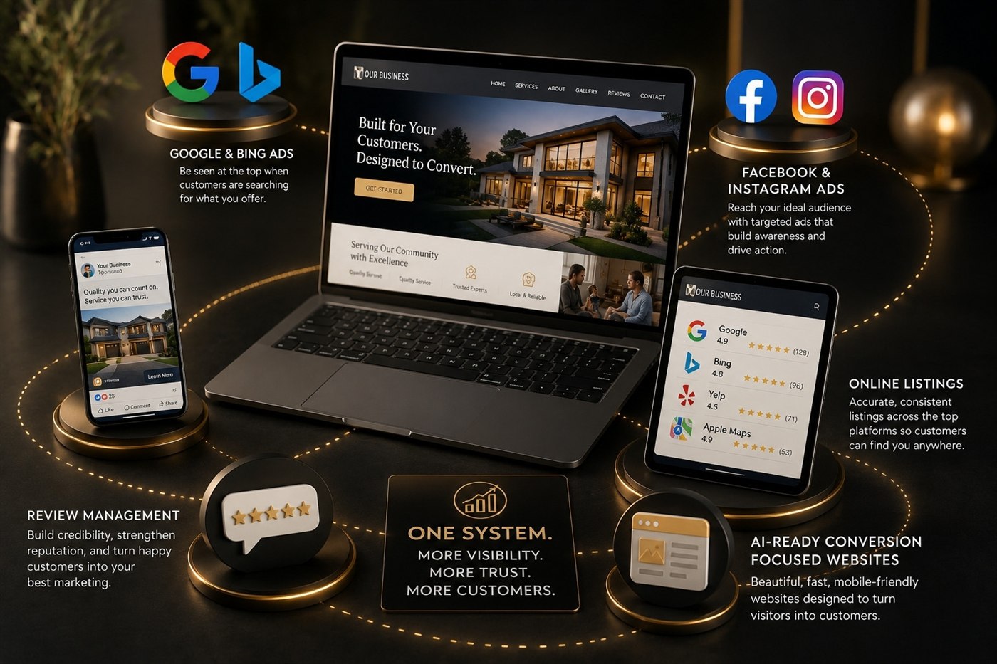MixedMedia digital services shown across a laptop, phone, and tablet: Google and Bing search ads, Facebook and Instagram ads, online listings and reviews, review management, and an AI-ready conversion-focused website, all working as one system