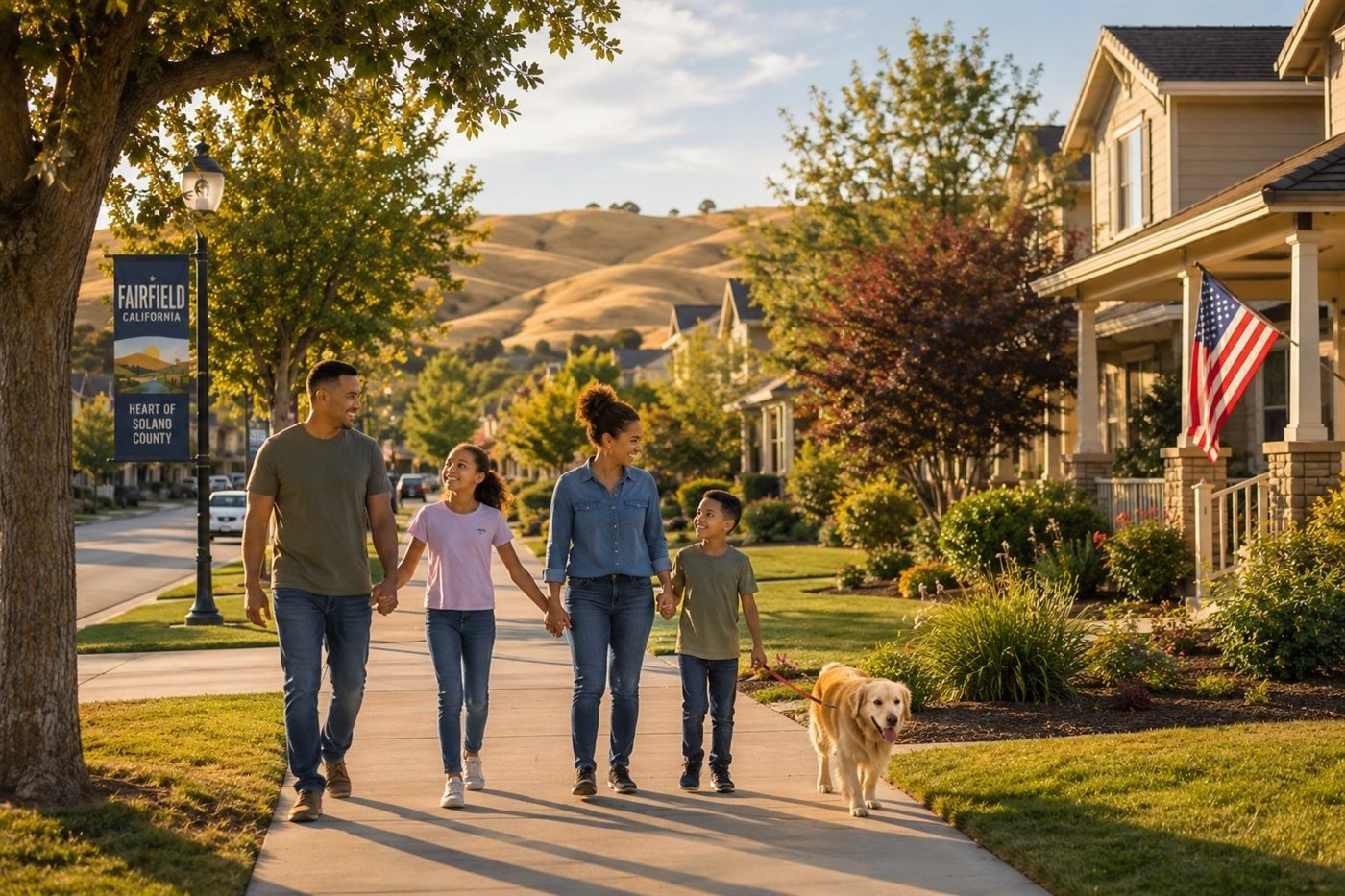 A family walking a tree-lined Fairfield sidewalk near the Heart of Solano County banner, with golden hills behind