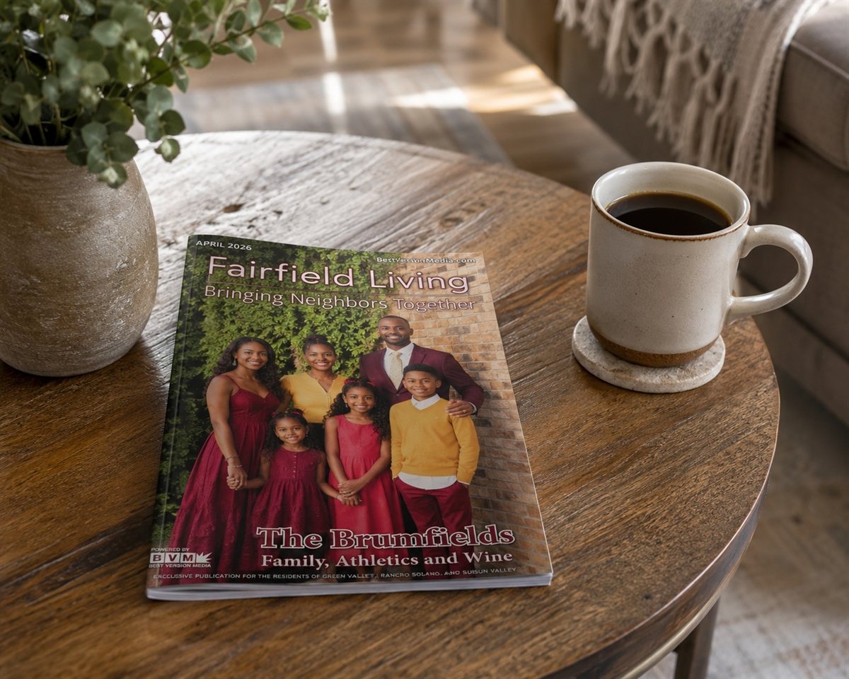 The April 2026 Fairfield Living magazine on a wood table with coffee in a sunlit home