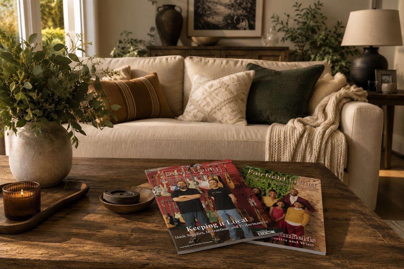 Davis Living and Fairfield Living magazines on a coffee table in a warm Northern California living room
