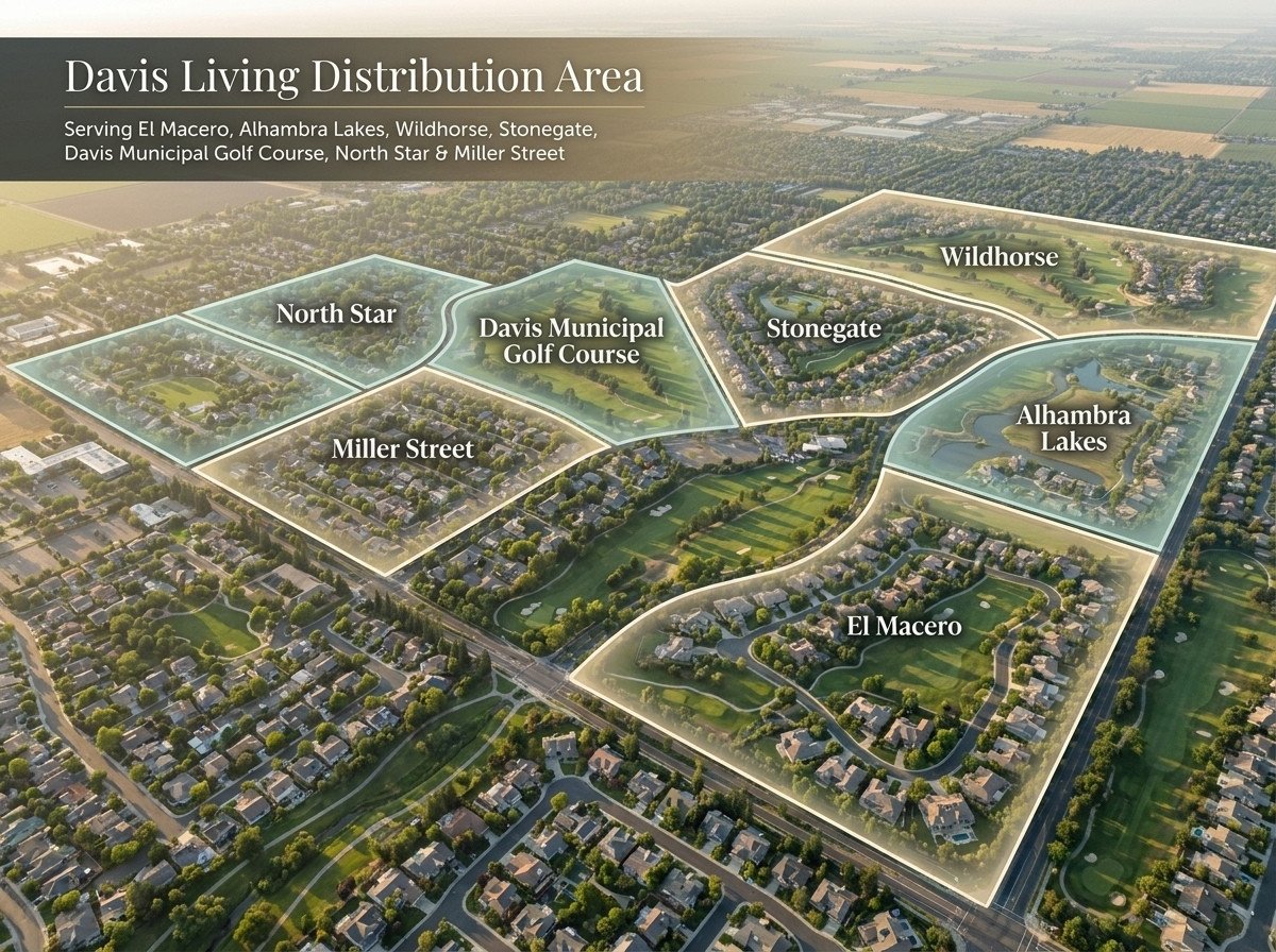 Aerial map of the Davis Living distribution area: El Macero, Alhambra Lakes, Wildhorse, Stonegate, Davis Municipal Golf Course, North Star, and Miller Street