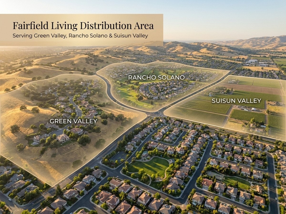 Aerial map of the Fairfield Living distribution area: Green Valley, Rancho Solano, and Suisun Valley